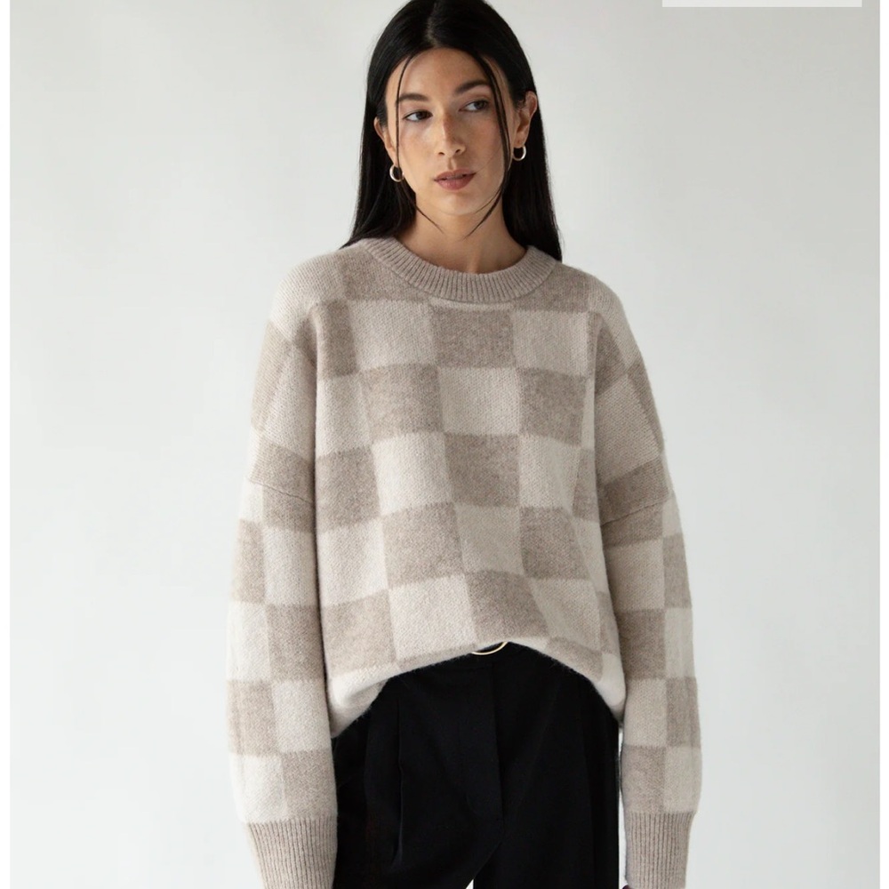 OAK + FORT Beige and Cream Plaid Sweater